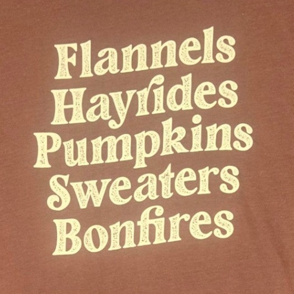PositiviTees Graphic T-Shirt Women L Brown Fall Flannels Hayrides Pumpkins Tee